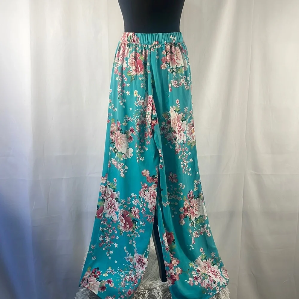 Cherry Blossom turquoise,blue Kimono high waisted wide leg pants,small,floral - Picture 4 of 13